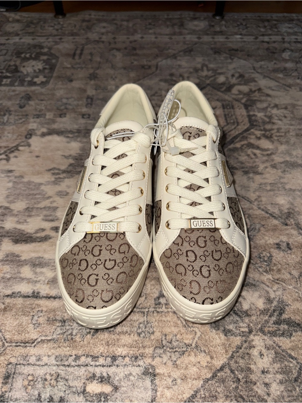 GUESS Monogram Logo Lace-Up Sneakers - Cream & Brown - Size 8.5